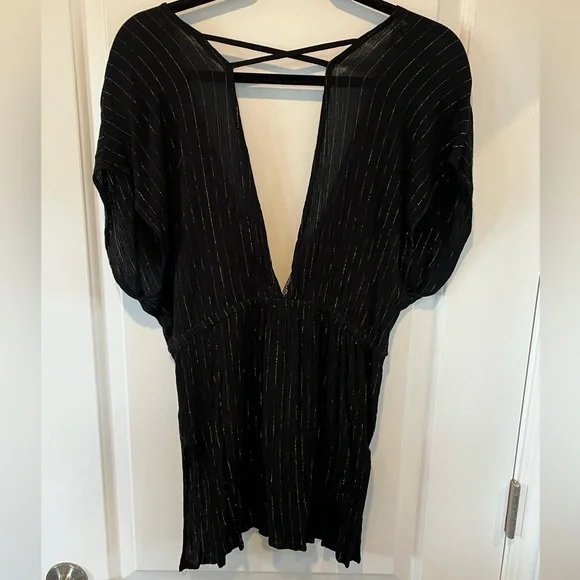 💜 Xhilaration - Black & Metallic Gold Swim Beach Coverup Dress - Deep V - Small - Picture 4 of 8